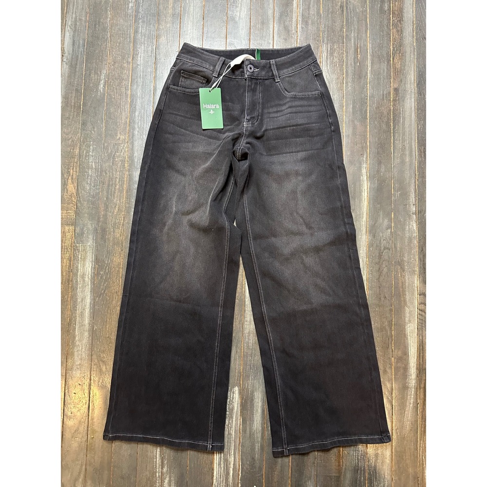 Halara High Waisted Wide Leg Jeans Faded Black Contrast Stitch